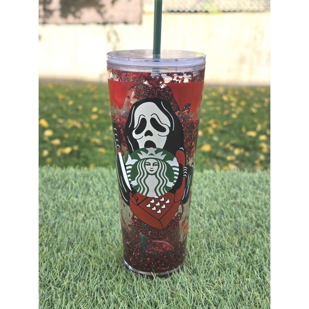 Custom 24oz Venti Slasher Horror Movie Cold Cup - Red Glitter Snowglobe Tumbler